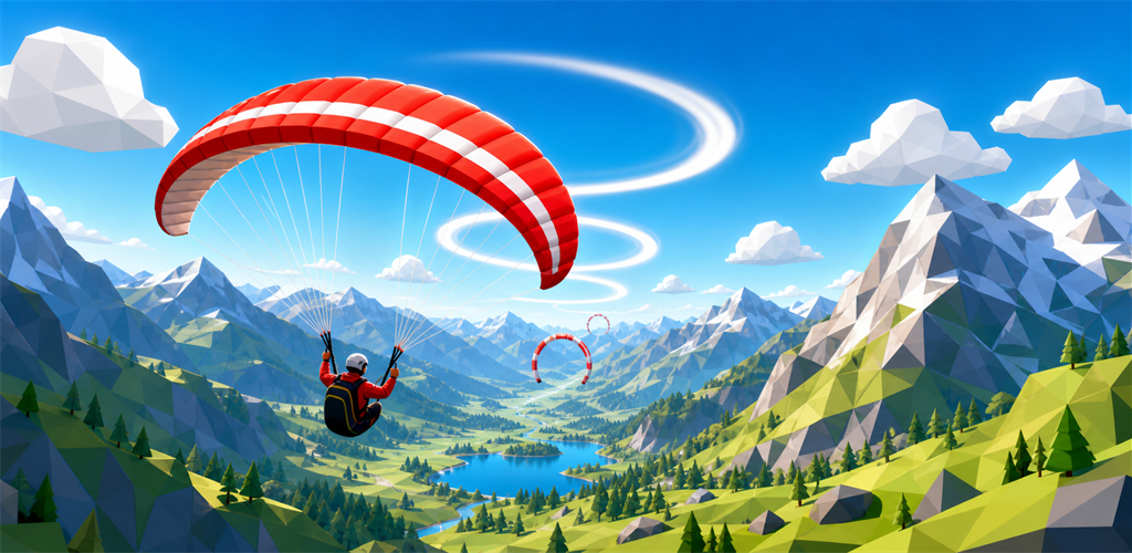 Un parapente rouge survole une vallée avec des thermiques matérialisés
